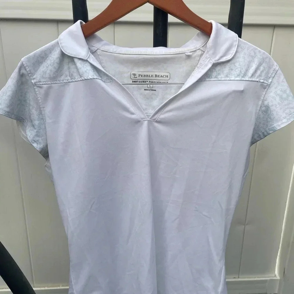 Pebble beach dry luxe performance white/aqua short sleeve polo shirt size Large